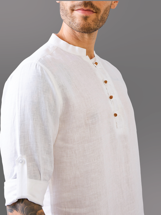 White Solid Wooden-Button Pure Linen Kurta Shirt