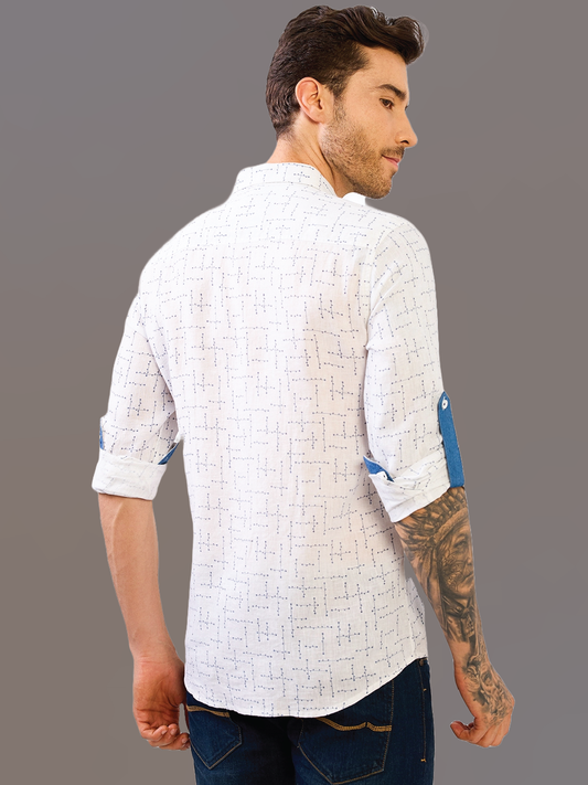 White Printed Pure Linen Shirt