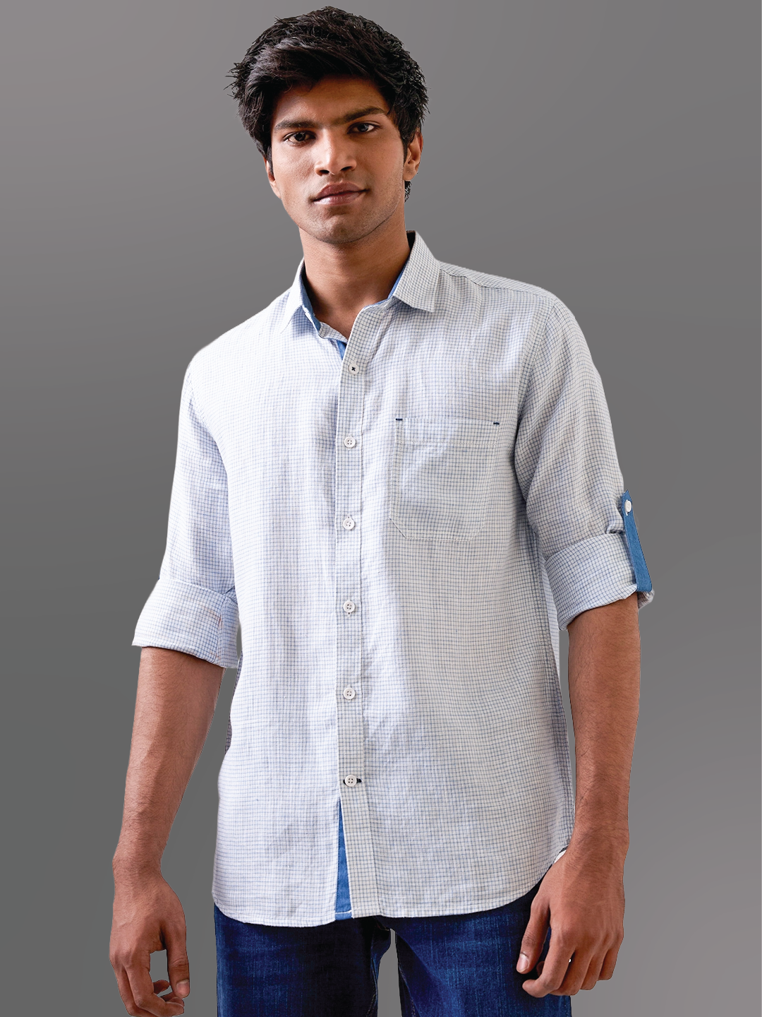 White Micro-Check Regular Fit Pure Linen Shirt for Men | IndiQlo