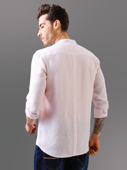 Pastel Pink Mandarin Collar Pure Linen Shirt