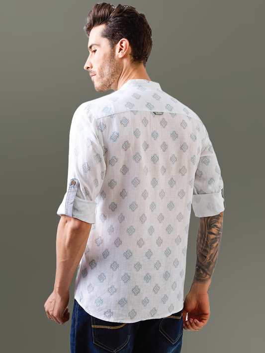 White Printed Mandarin Collar Pure Linen Shirt