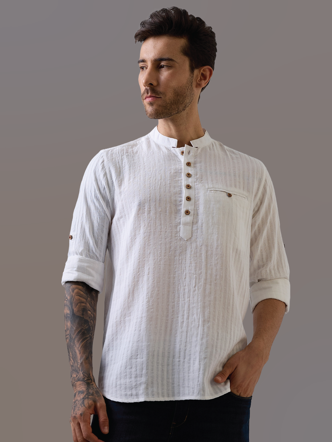 White Striped Handwoven Kurta Shirt