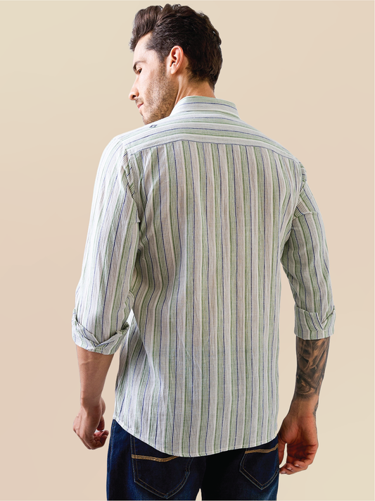 Green-Blue Striped Handloom Cotton Shirt