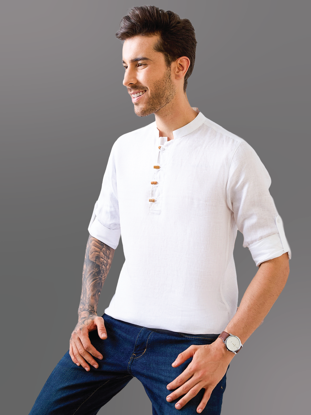 White Solid Wooden-Button Pure Linen Kurta Shirt