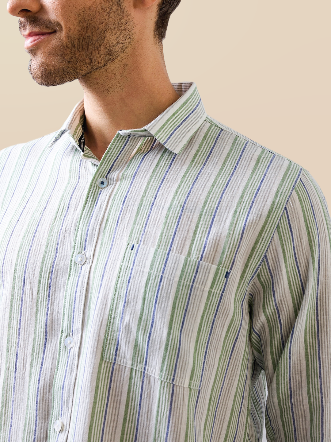 Green-Blue Striped Handloom Cotton Shirt