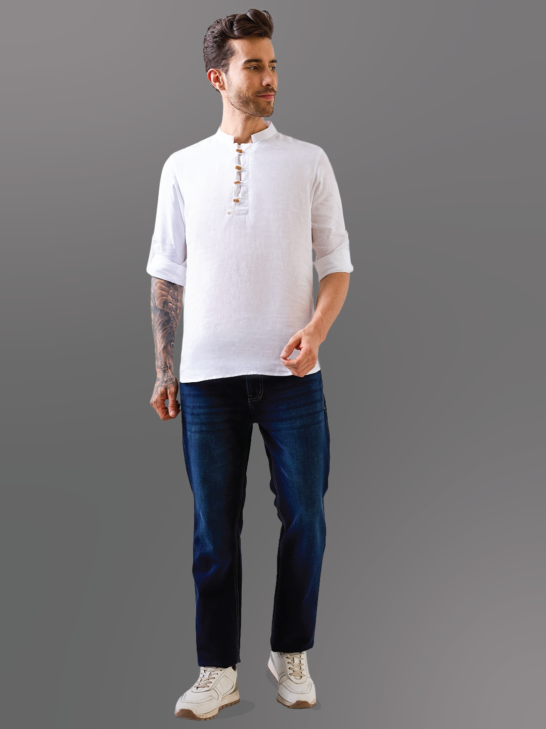 White Solid Wooden-Button Pure Linen Kurta Shirt