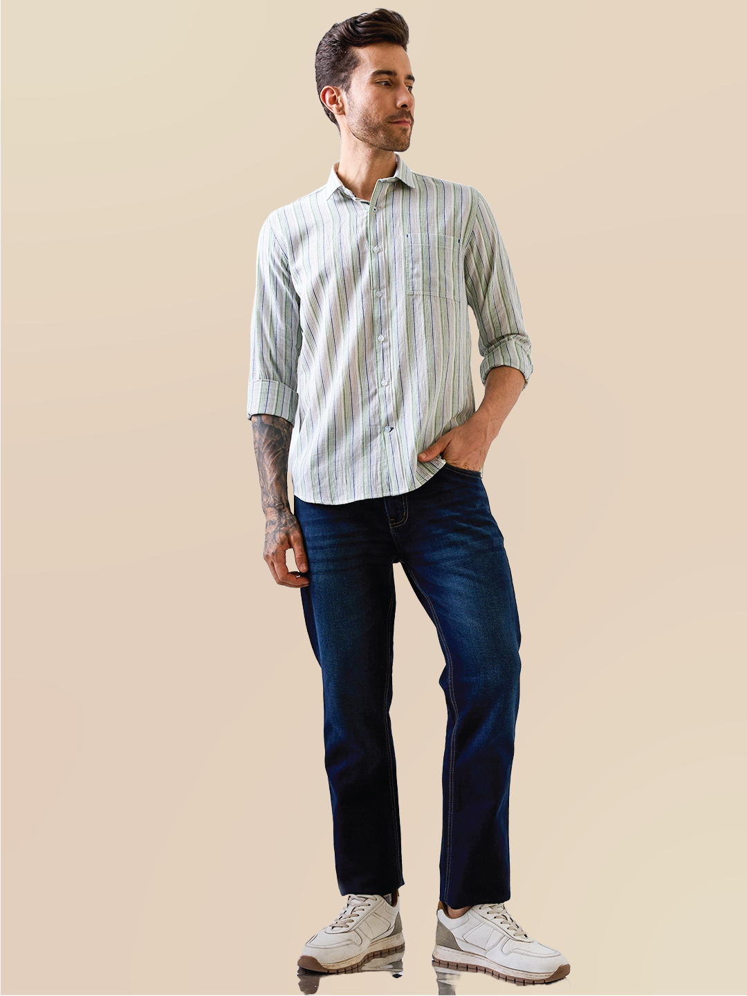 Green-Blue Striped Handloom Cotton Shirt
