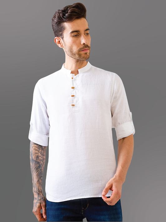 White Solid Wooden-Button Pure Linen Kurta Shirt