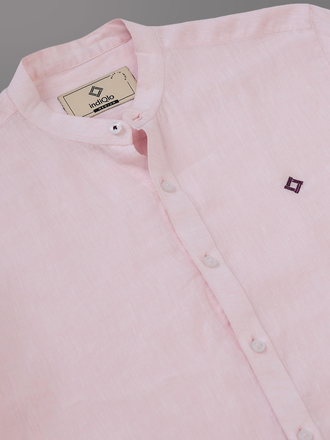 Pastel Pink Mandarin Collar Pure Linen Shirt