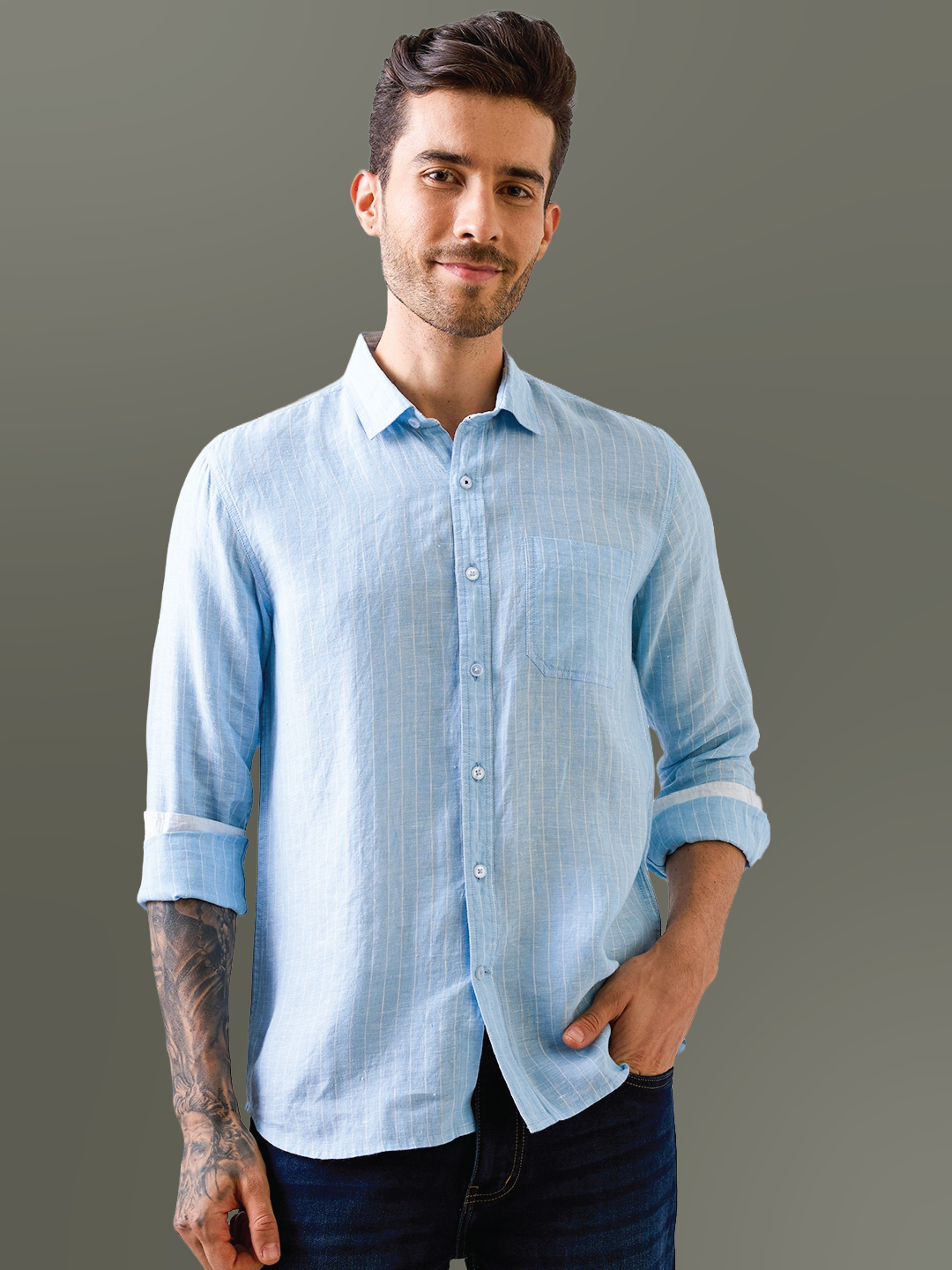Sky Blue Striped Pure Linen Shirt