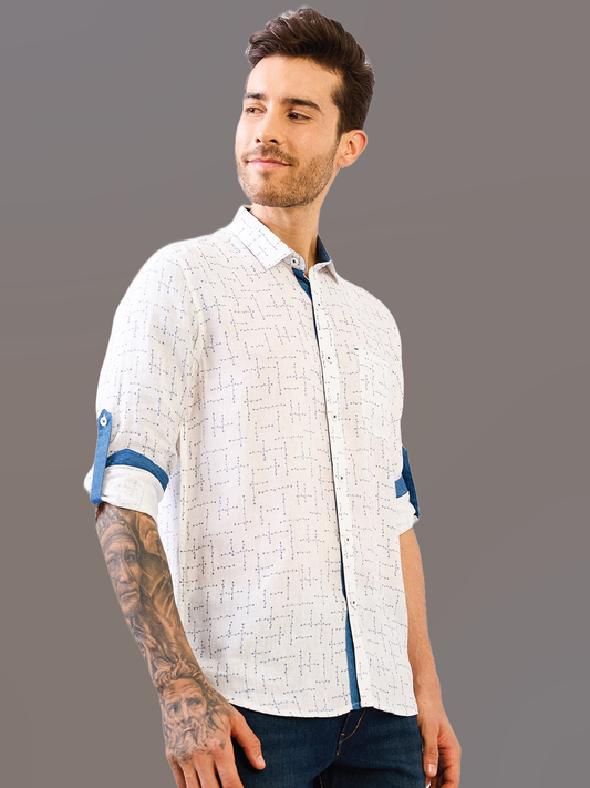 White Printed Pure Linen Shirt