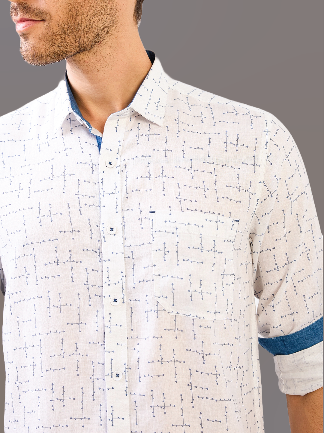 White Printed Pure Linen Shirt