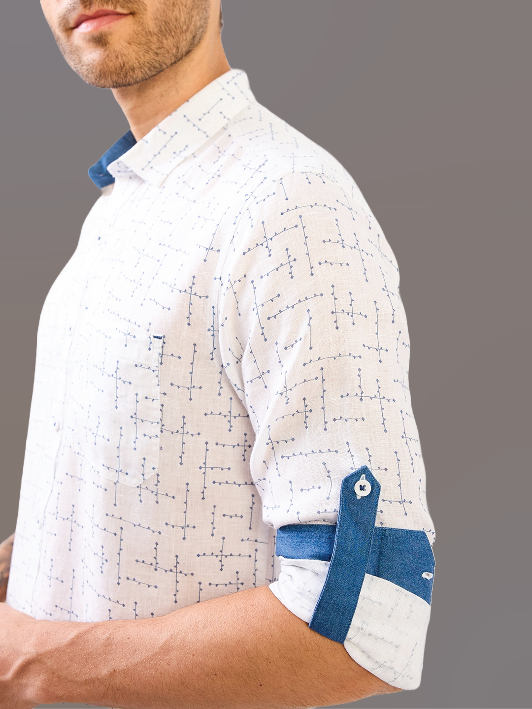White Printed Pure Linen Shirt