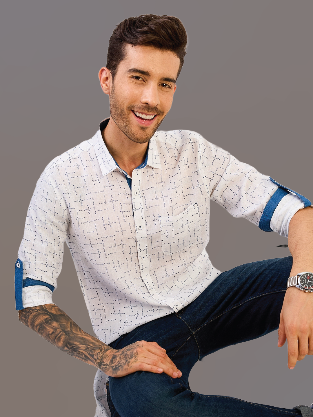 White Printed Pure Linen Shirt