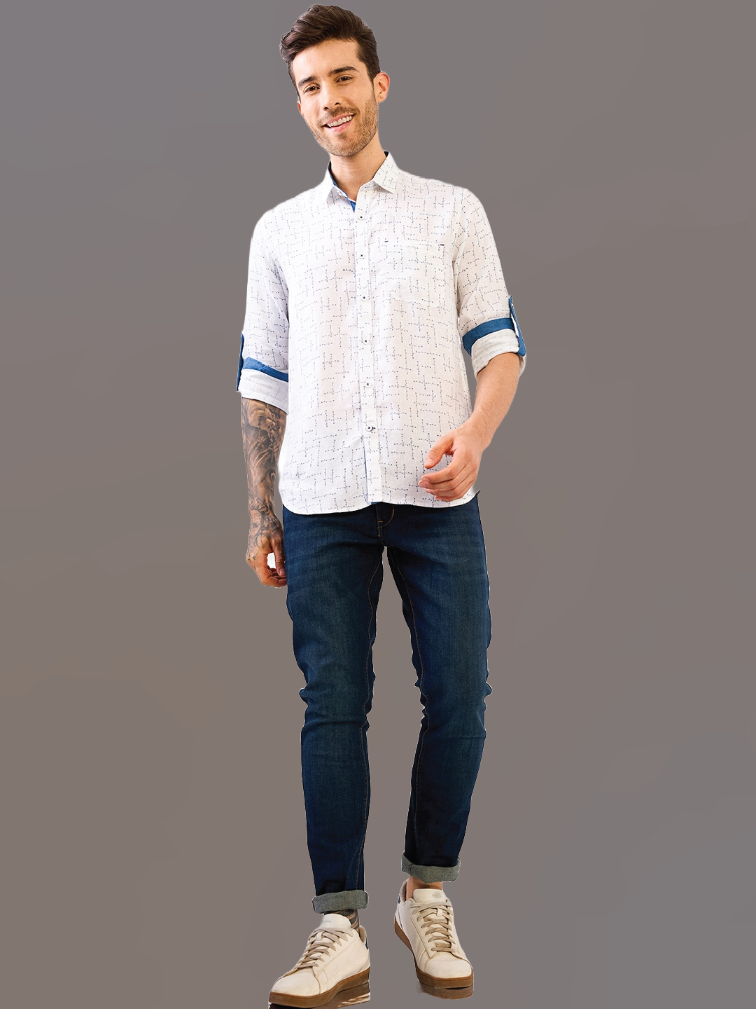 White Printed Pure Linen Shirt