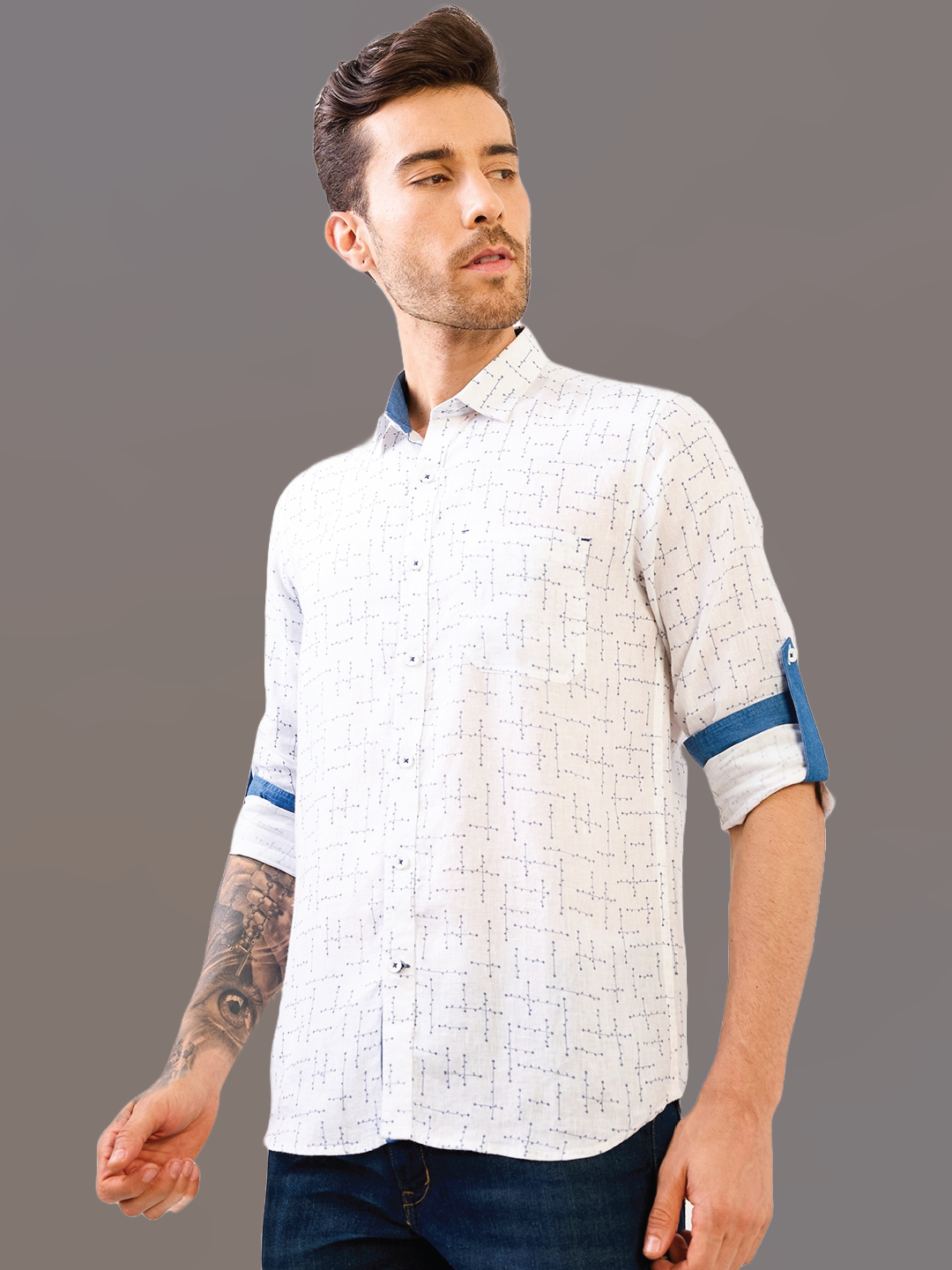 White Printed Pure Linen Shirt