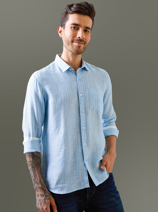 Sky Blue Striped Pure Linen Shirt