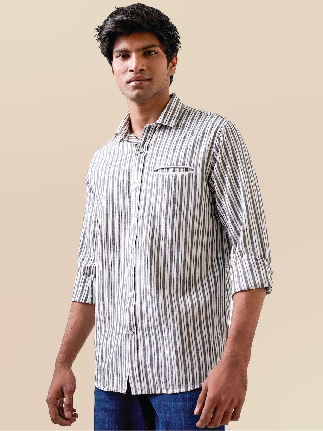 Ash Grey Striped Handloom Cotton Shirt