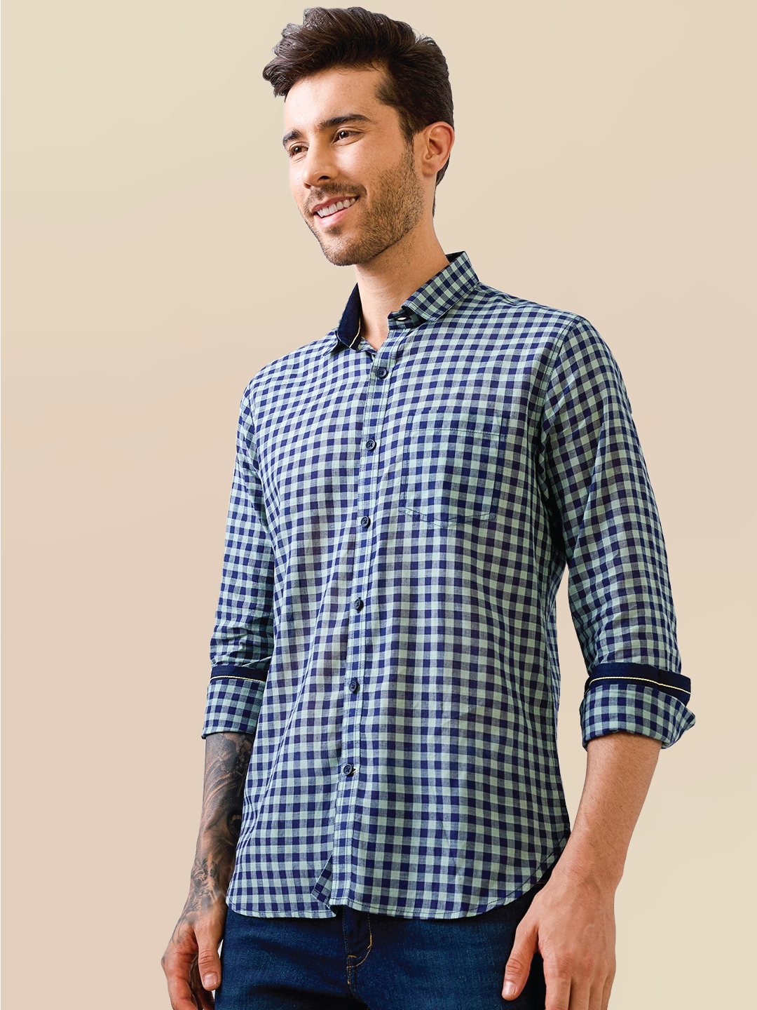 Blue-Green Check Handloom Cotton Shirt