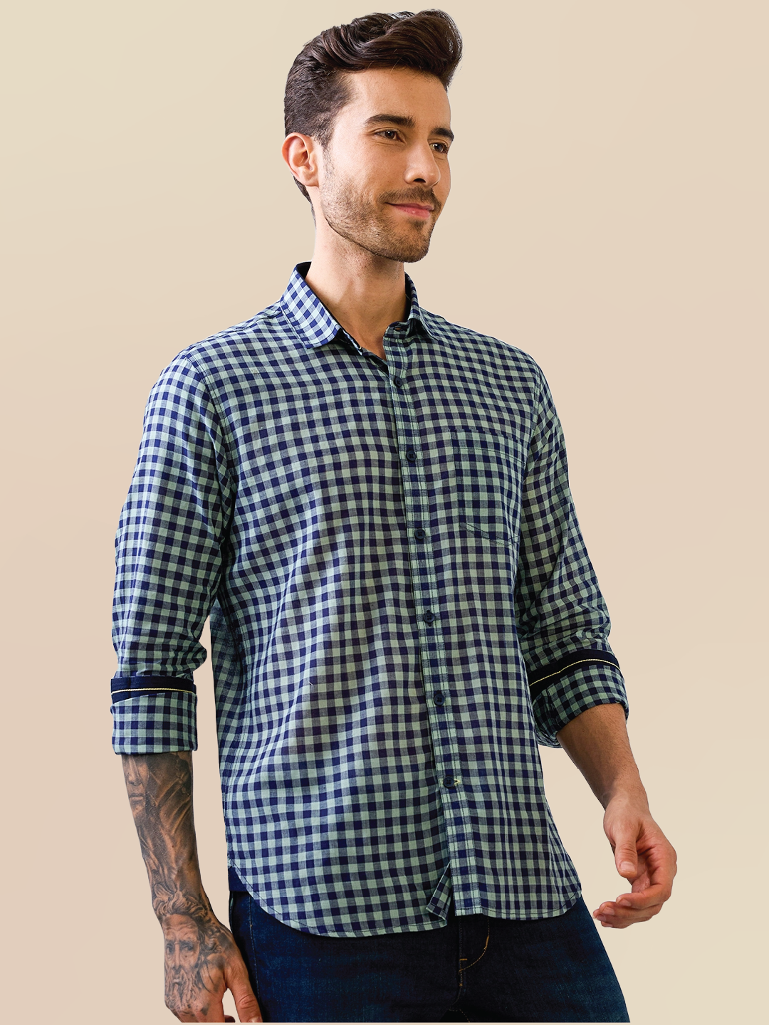 Blue-Green Check Handloom Cotton Shirt