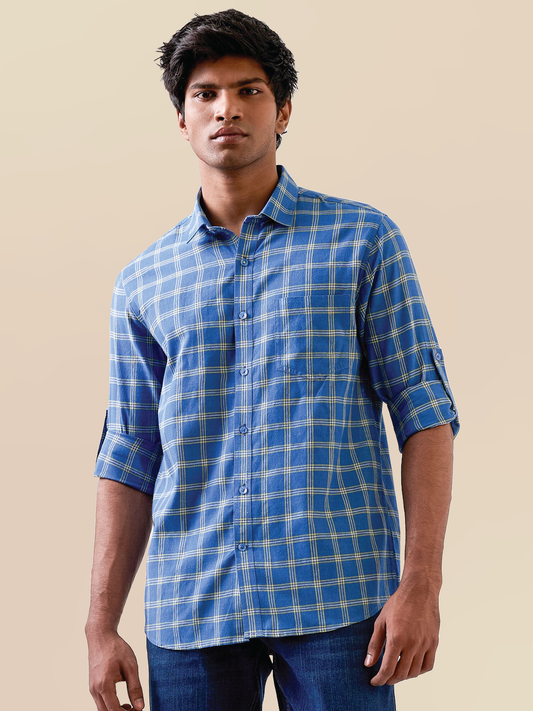 Marine Blue Check Handloom Cotton Shirt