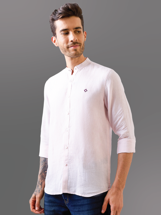 Pastel Pink Mandarin Collar Pure Linen Shirt