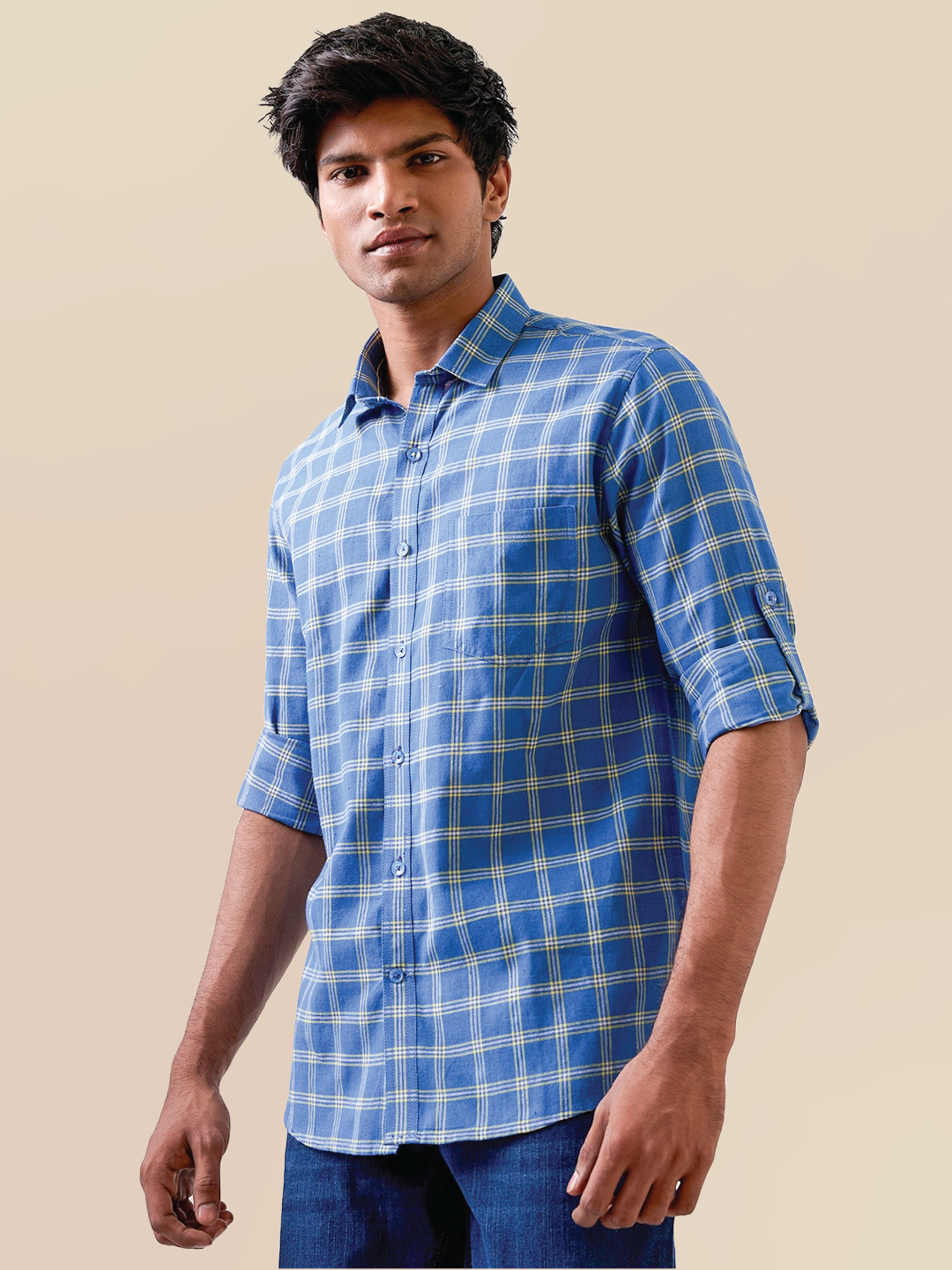 Marine Blue Check Handloom Cotton Shirt