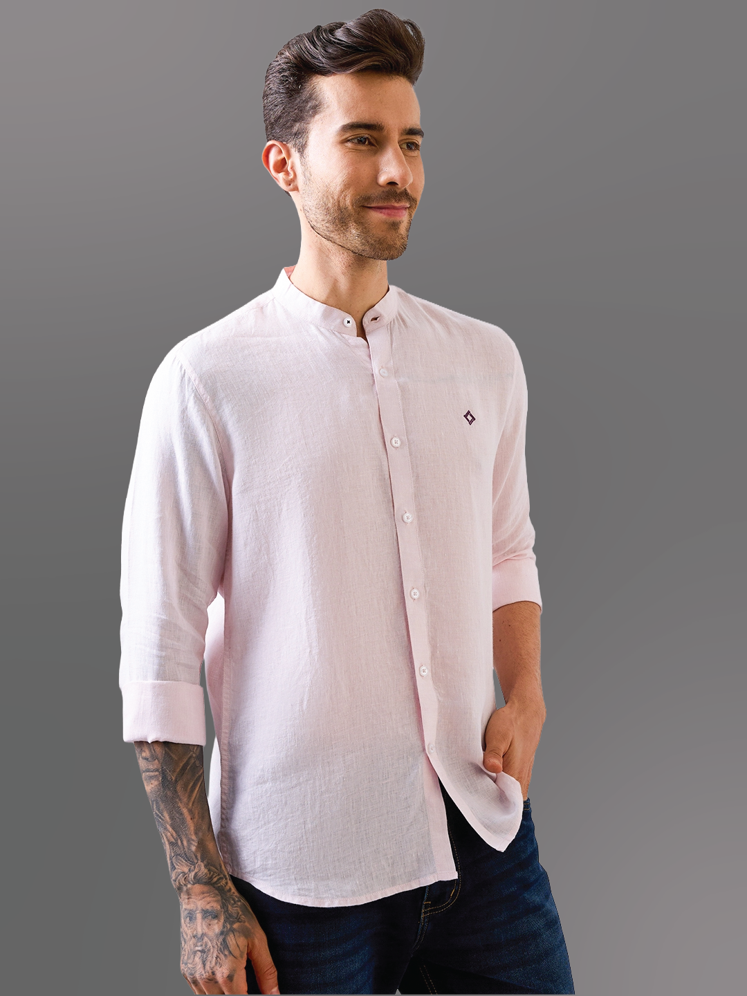 Pastel Pink Mandarin Collar Pure Linen Shirt
