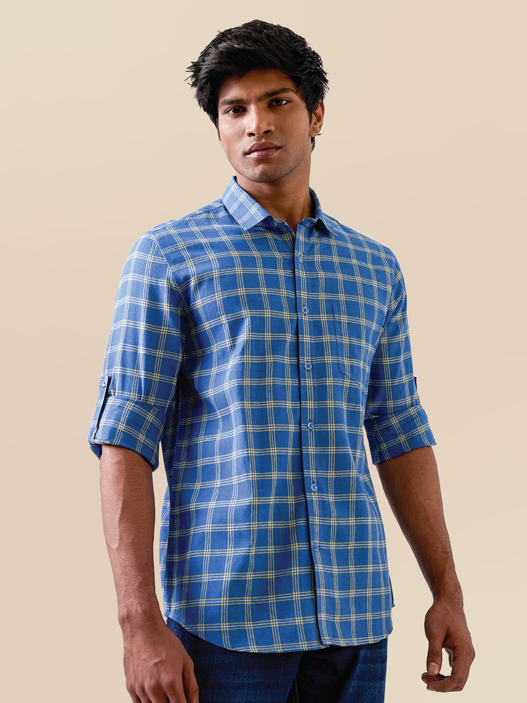 Marine Blue Check Handloom Cotton Shirt