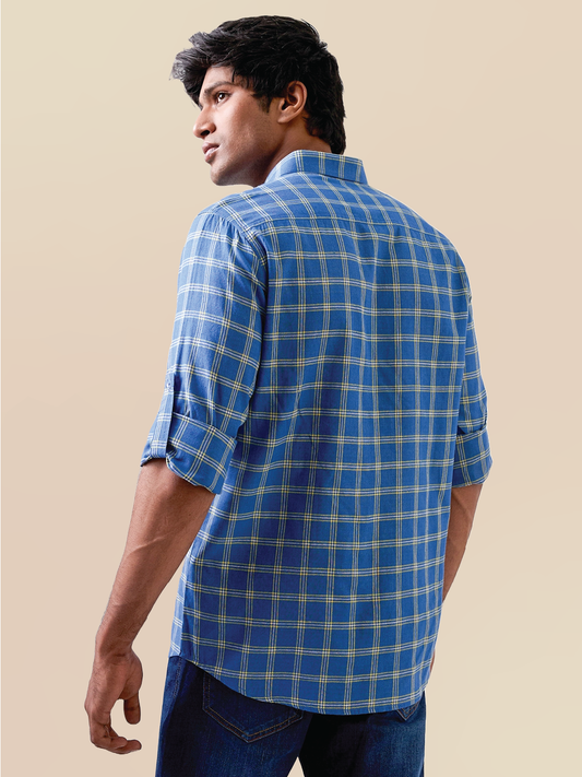 Marine Blue Check Handloom Cotton Shirt
