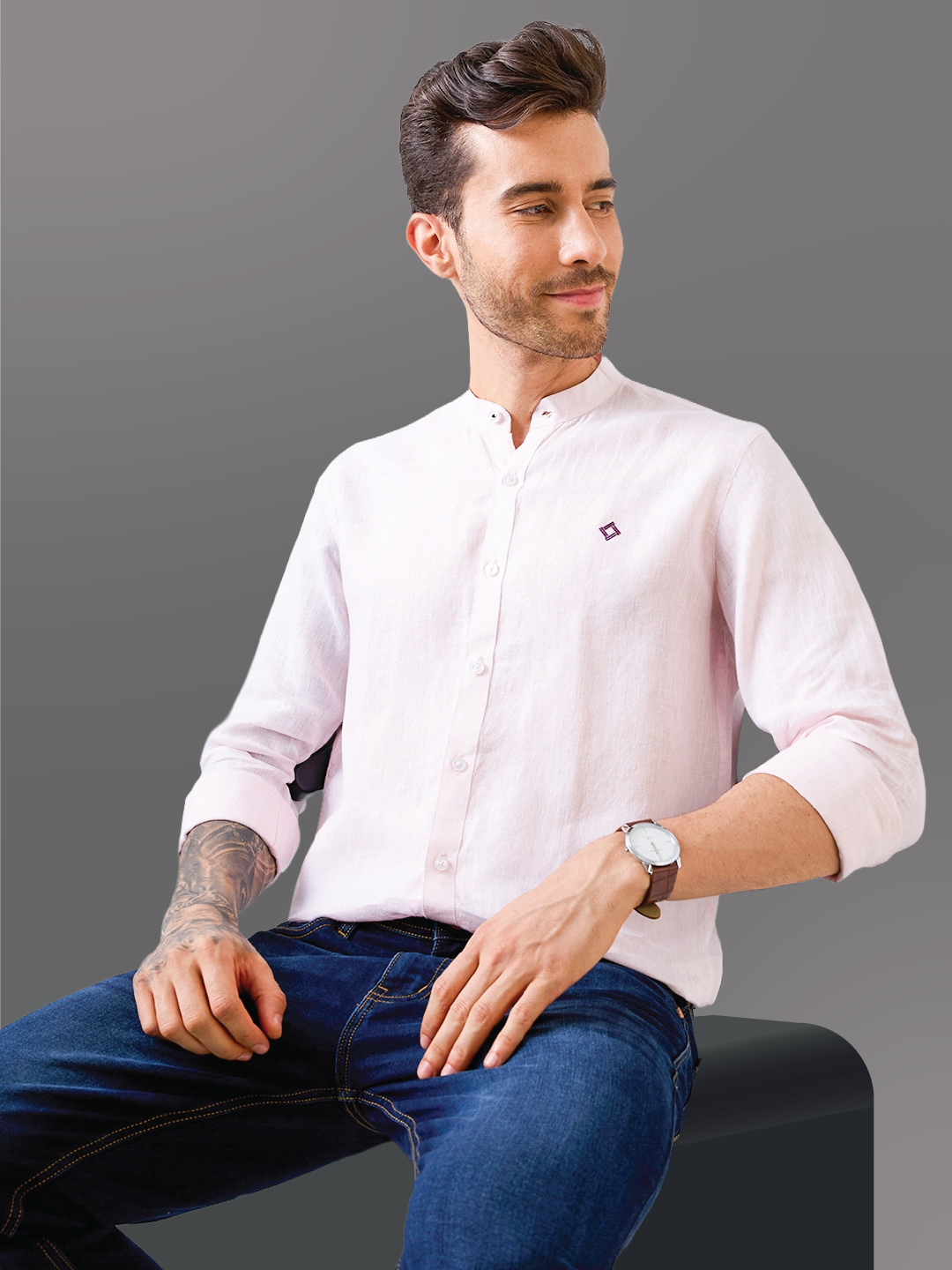 Pastel Pink Mandarin Collar Pure Linen Shirt