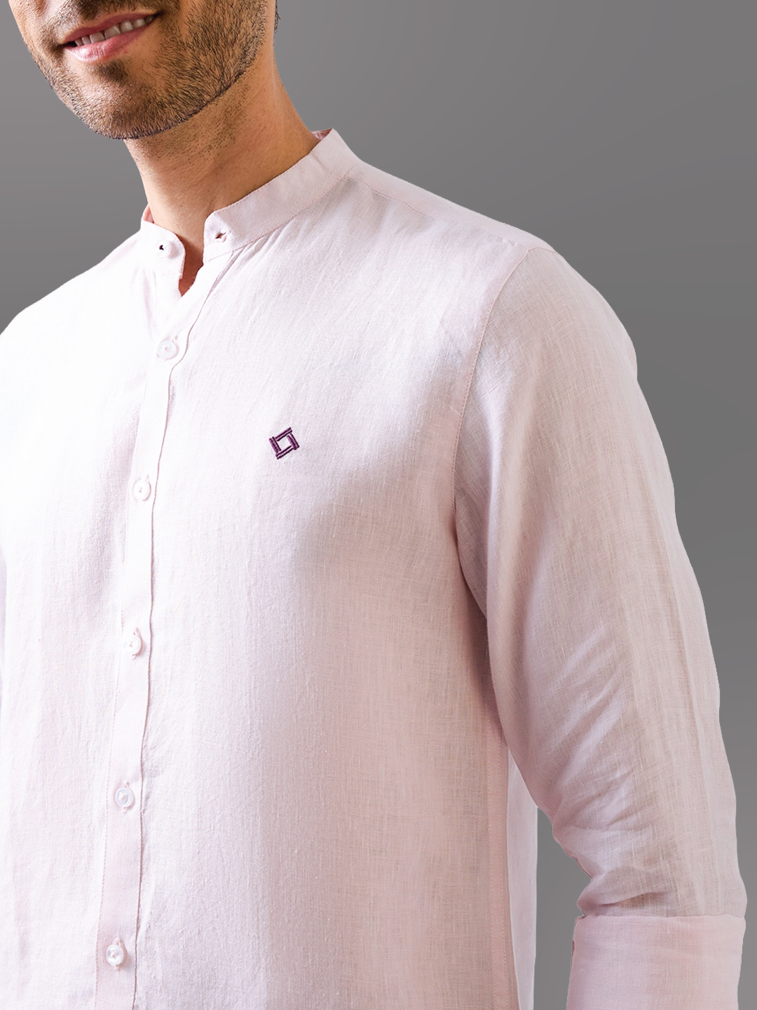 Pastel Pink Mandarin Collar Pure Linen Shirt