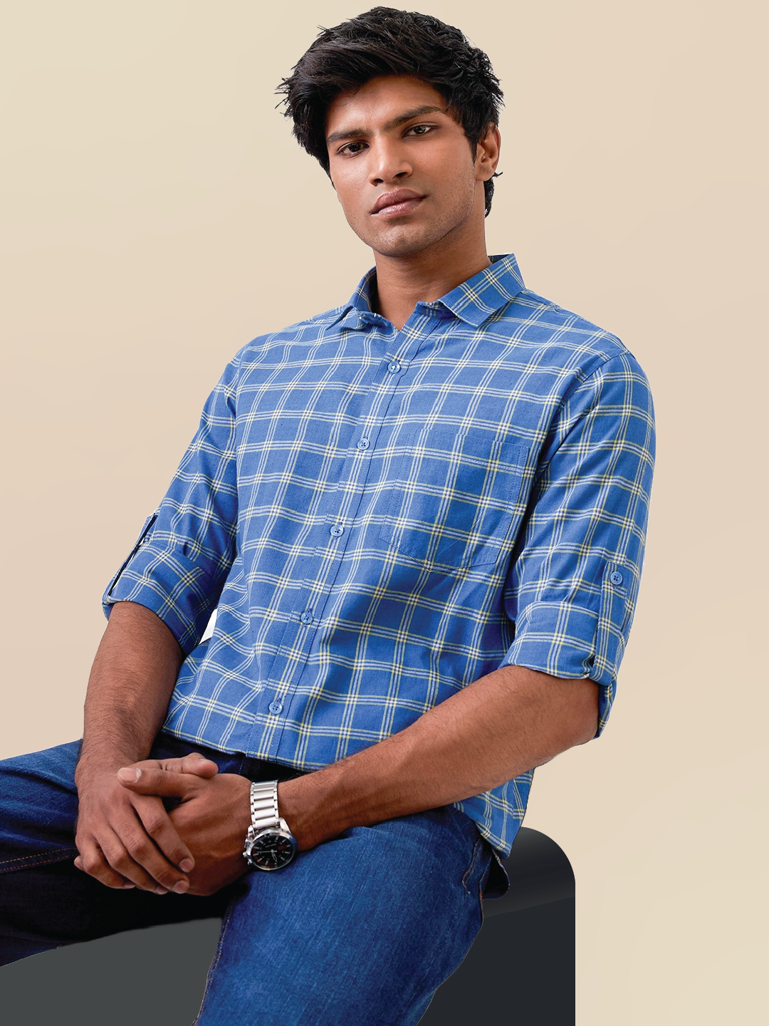 Marine Blue Check Handloom Cotton Shirt