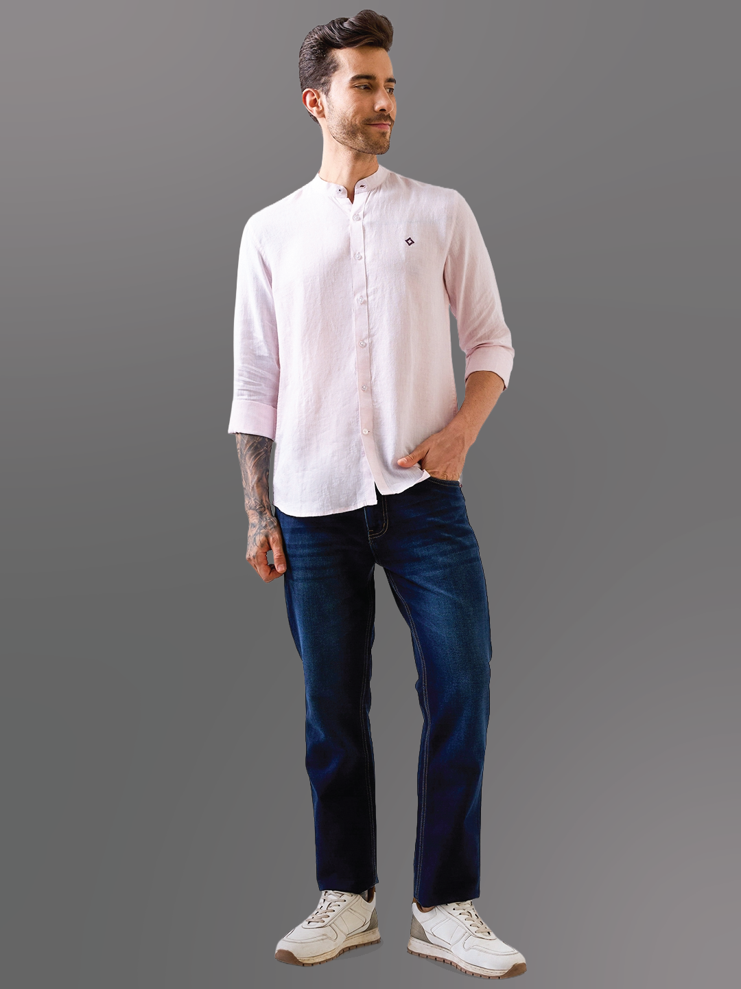 Pastel Pink Mandarin Collar Pure Linen Shirt