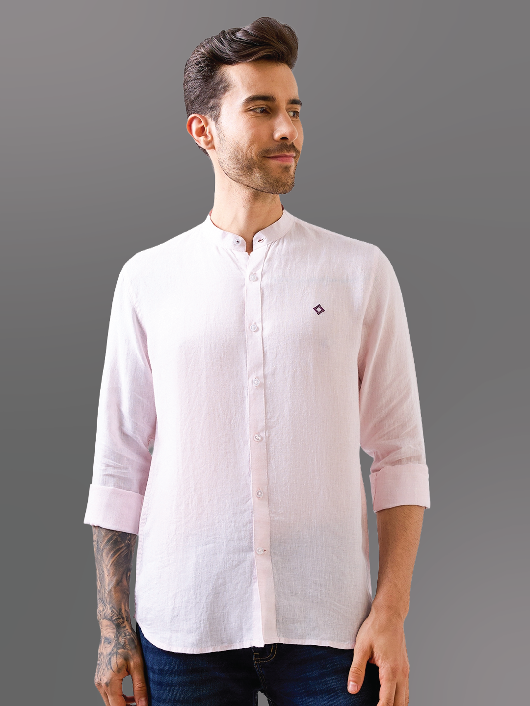 Pastel Pink Mandarin Collar Pure Linen Shirt