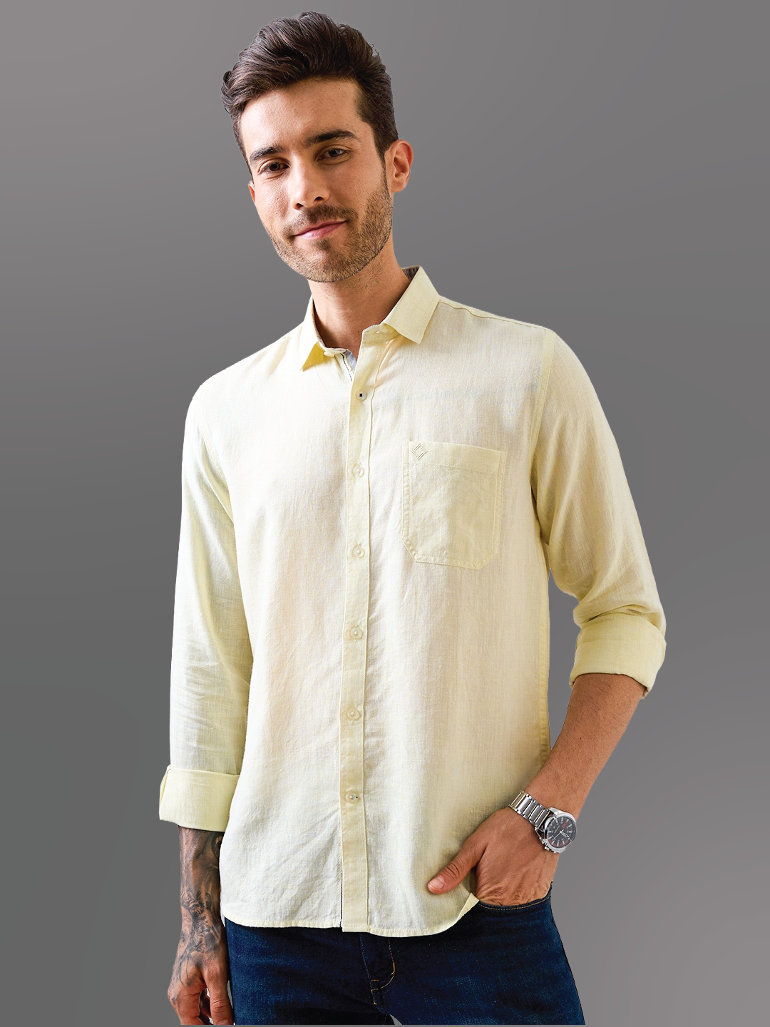 Yellow Solid Pure Linen Shirt