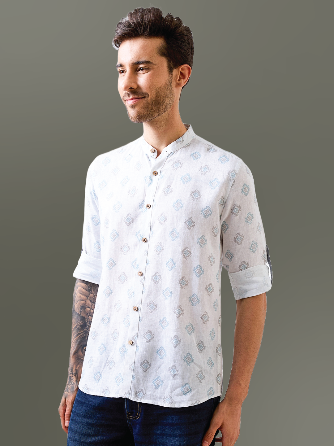White Printed Mandarin Collar Pure Linen Shirt