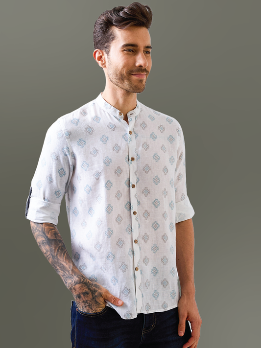 White Printed Mandarin Collar Pure Linen Shirt
