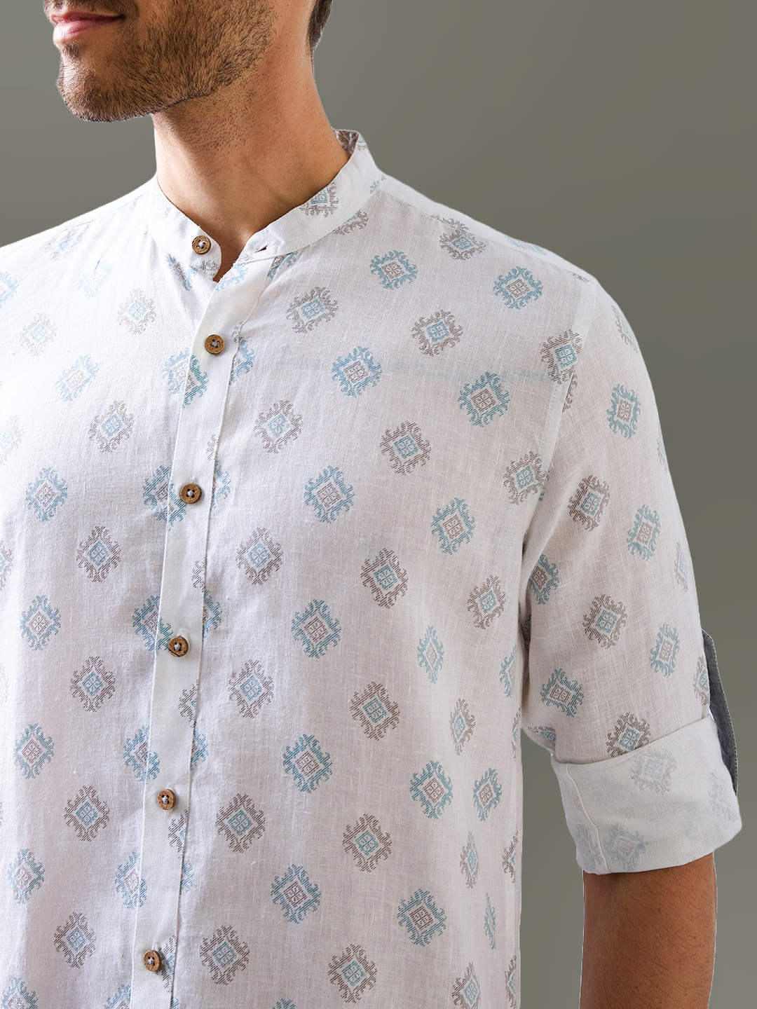 White Printed Mandarin Collar Pure Linen Shirt
