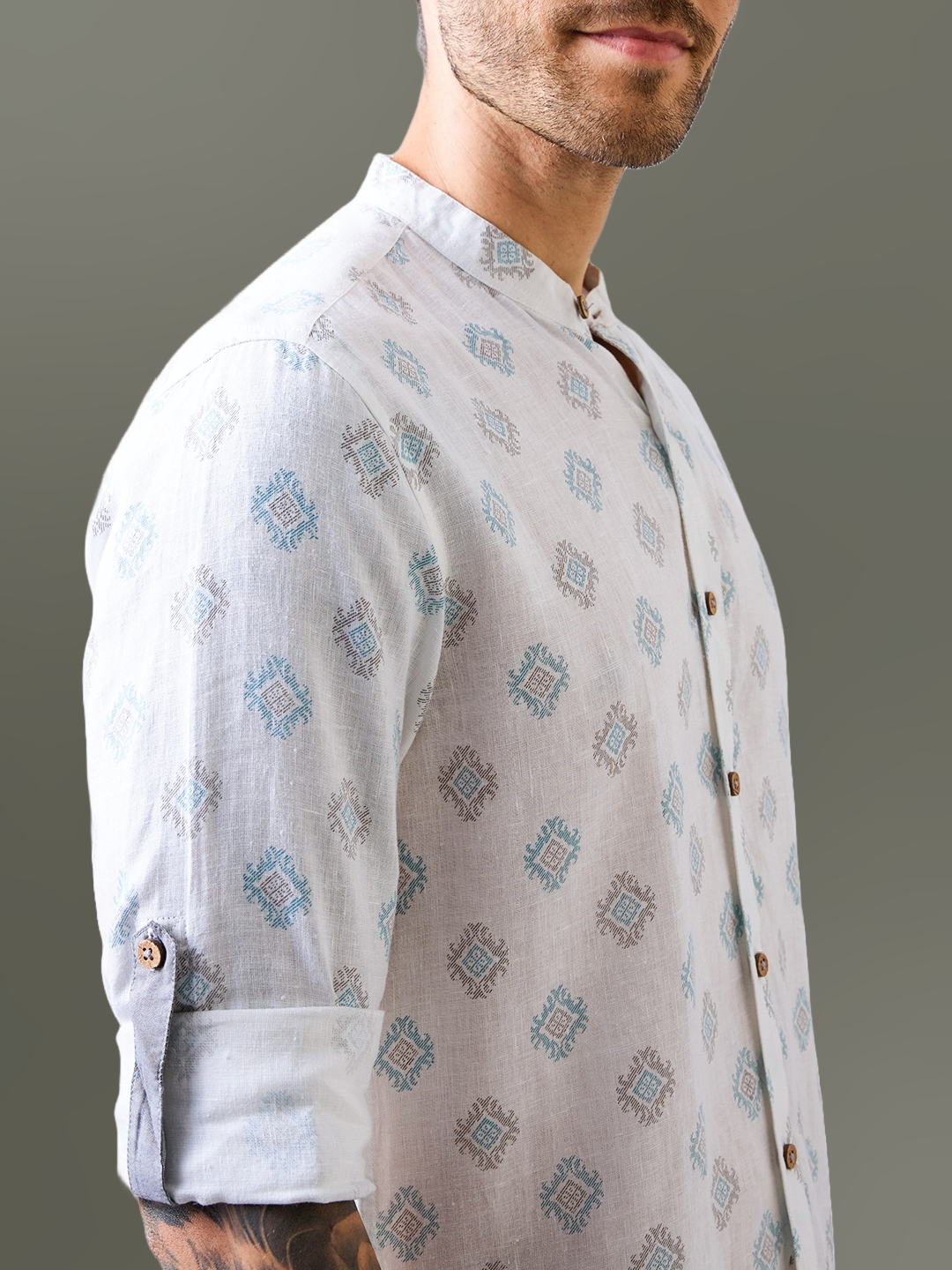 White Printed Mandarin Collar Pure Linen Shirt