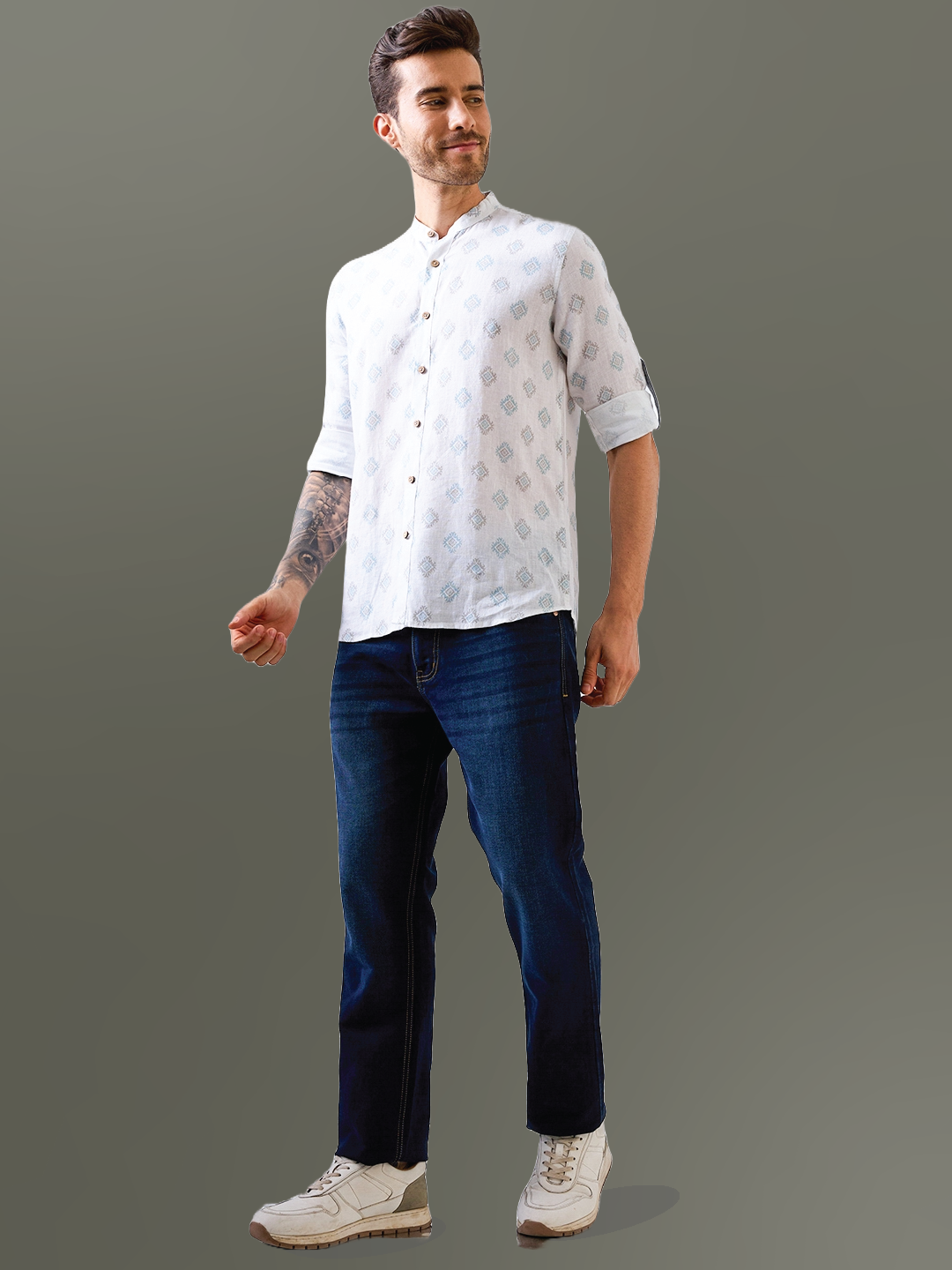 White Printed Mandarin Collar Pure Linen Shirt