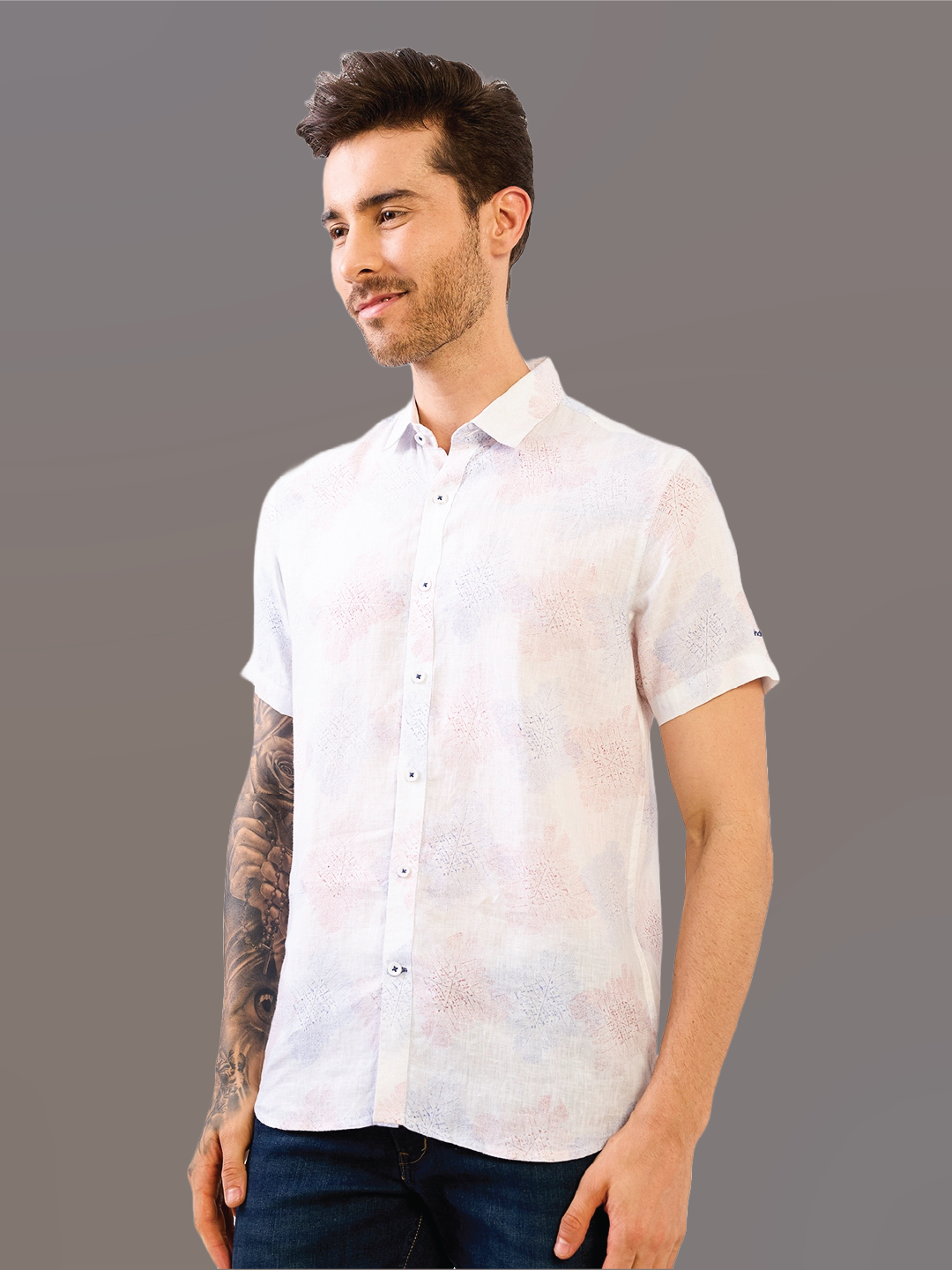 White Printed Half Sleeve Pure Linen Shirt