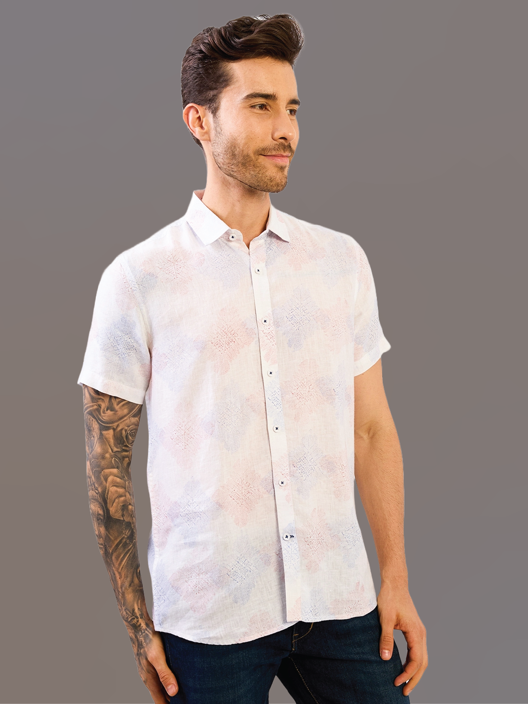 White Printed Half Sleeve Pure Linen Shirt