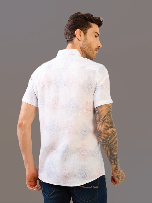 White Printed Half Sleeve Pure Linen Shirt