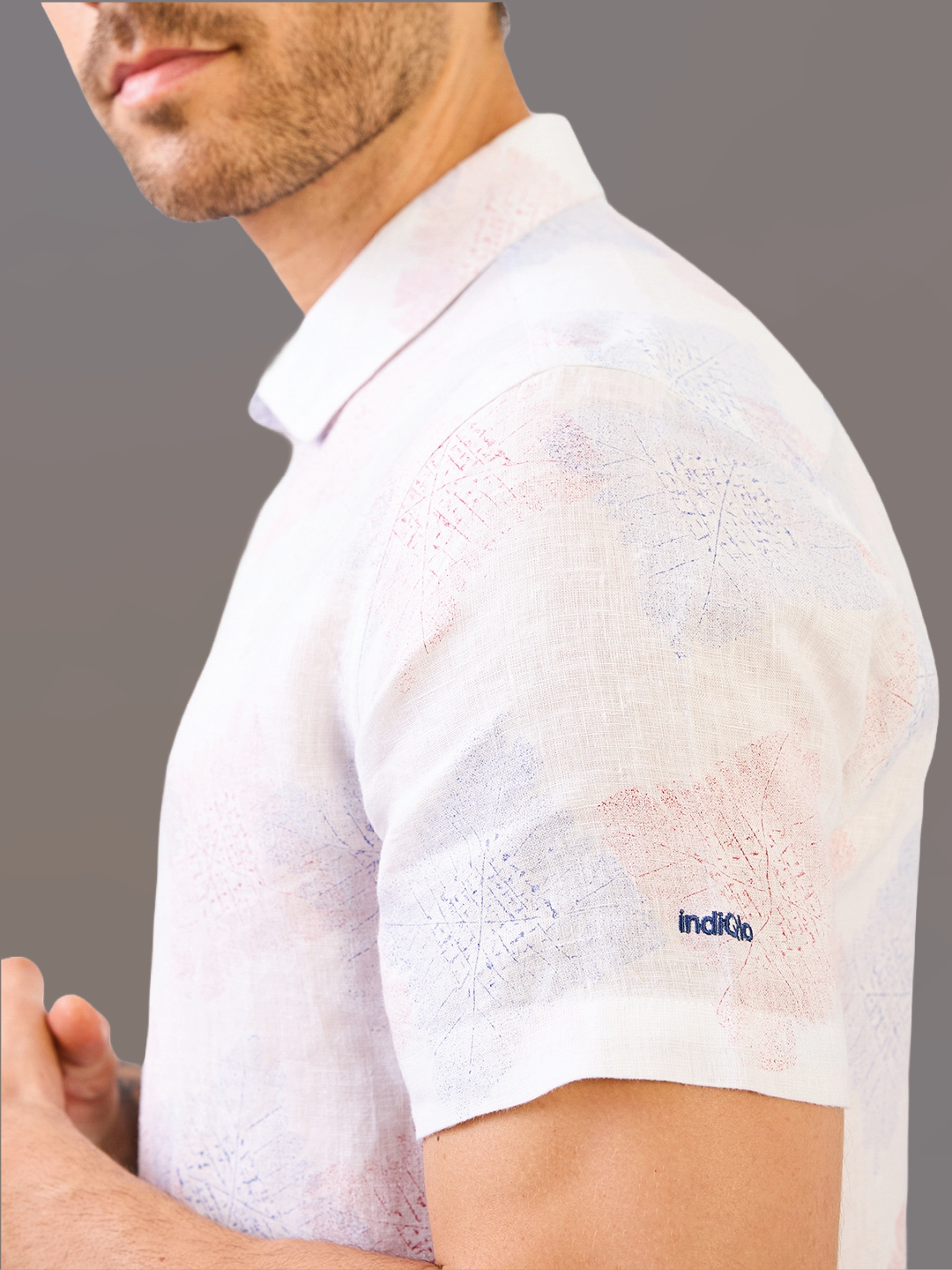 White Printed Half Sleeve Pure Linen Shirt