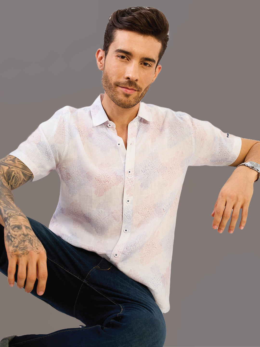 White Printed Half Sleeve Pure Linen Shirt
