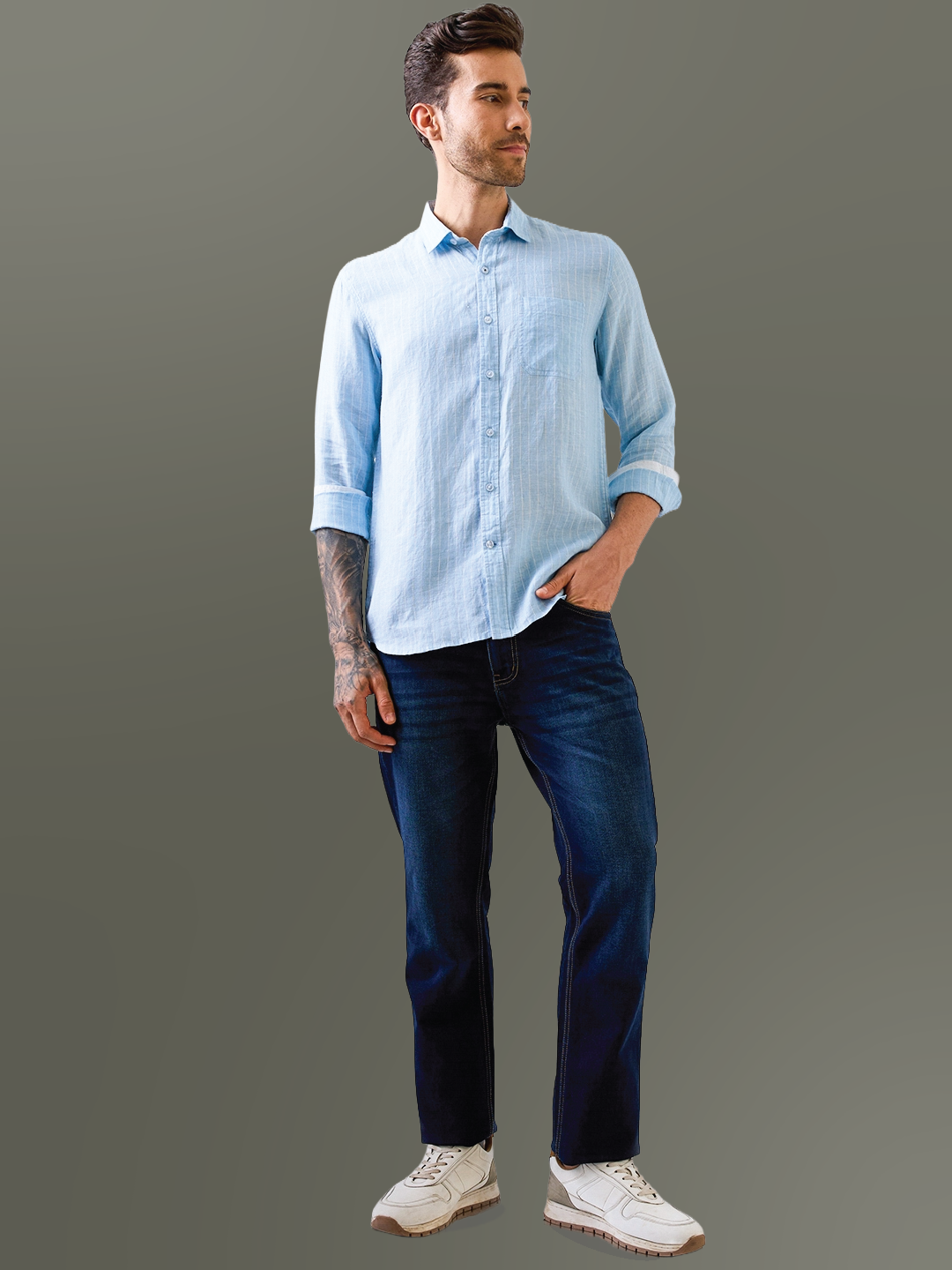 Sky Blue Striped Pure Linen Shirt