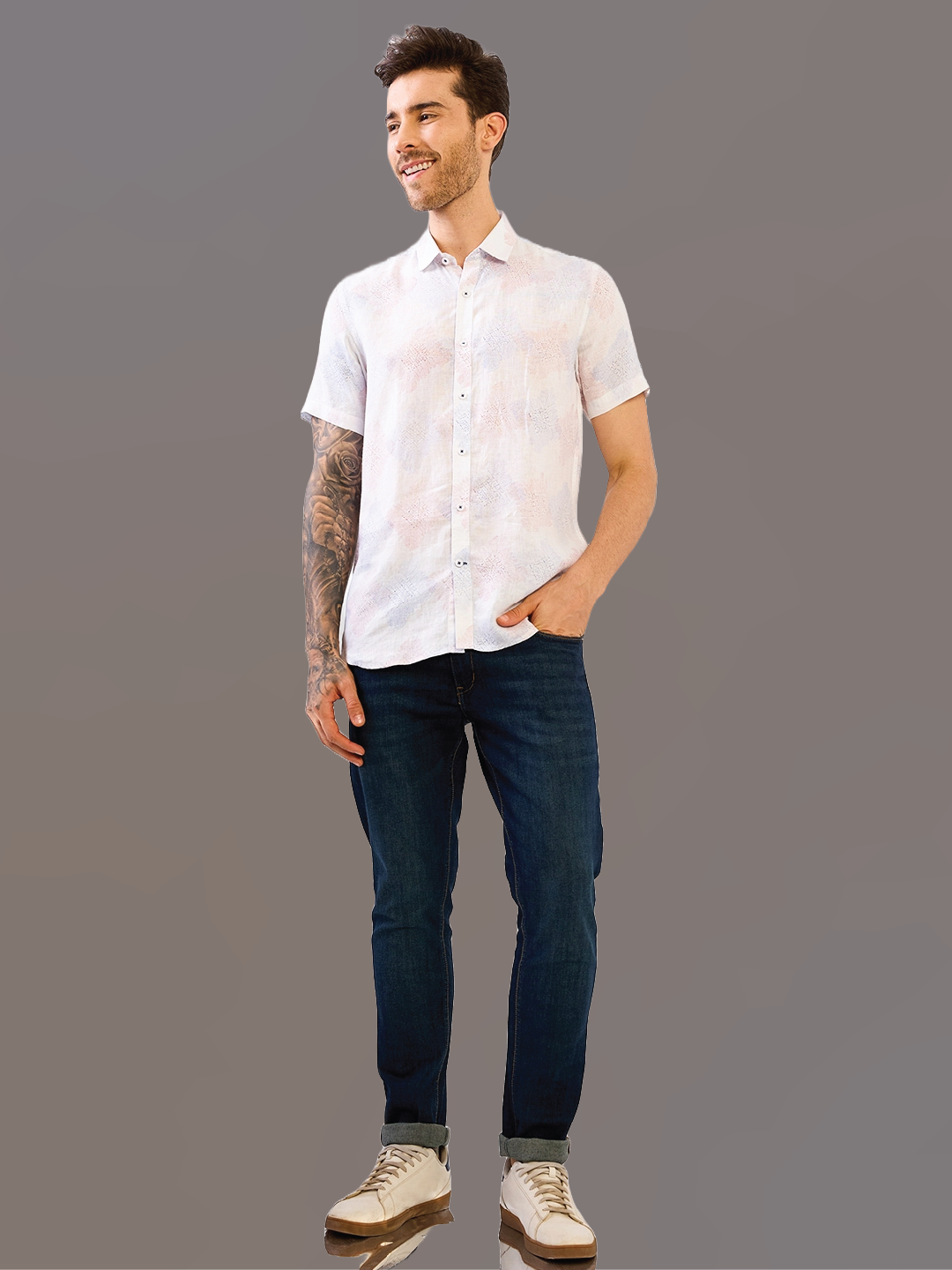 White Printed Half Sleeve Pure Linen Shirt