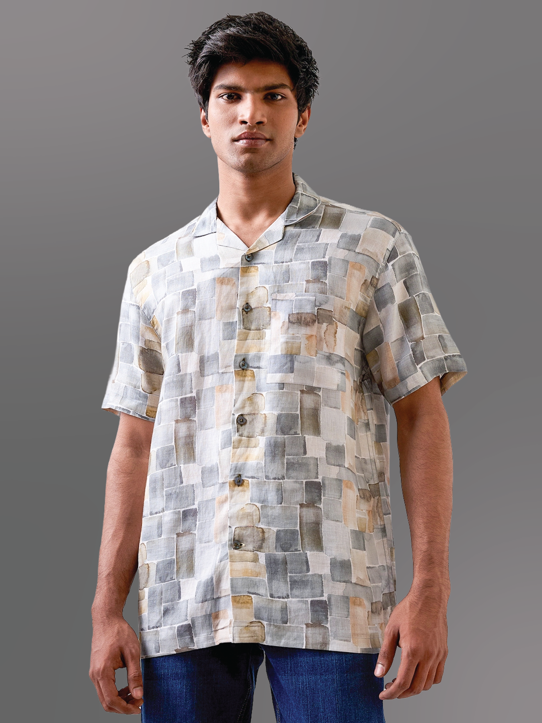 Olive Green Printed Pure Linen Shirt