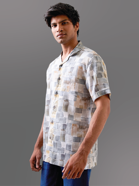 Olive Green Printed Pure Linen Shirt